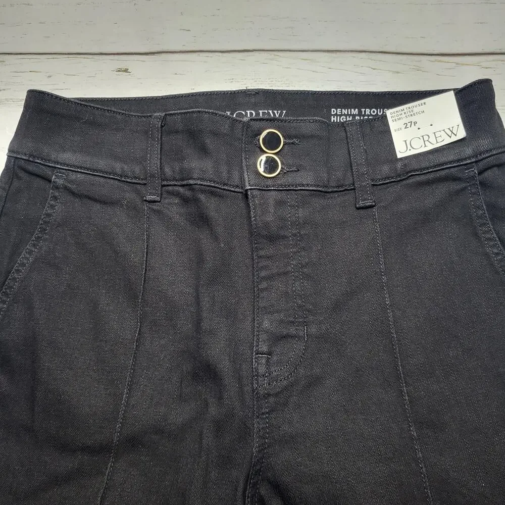 J Crew Petite Denim Trouser Jeans Wide Leg Black Stacked Button Semi Stretch 27P
